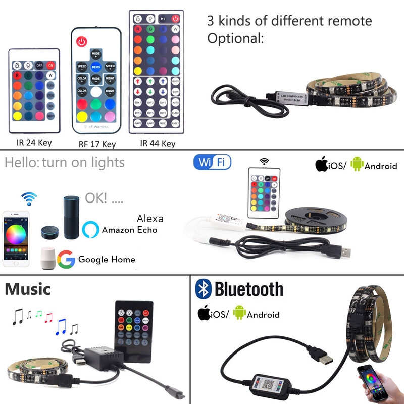USB LED franja de luz Bluetooth 5 V Tira LED RGB cinta Ambilight TV Wifi impermeable de SMD5050 música de fondo Flexible de luz