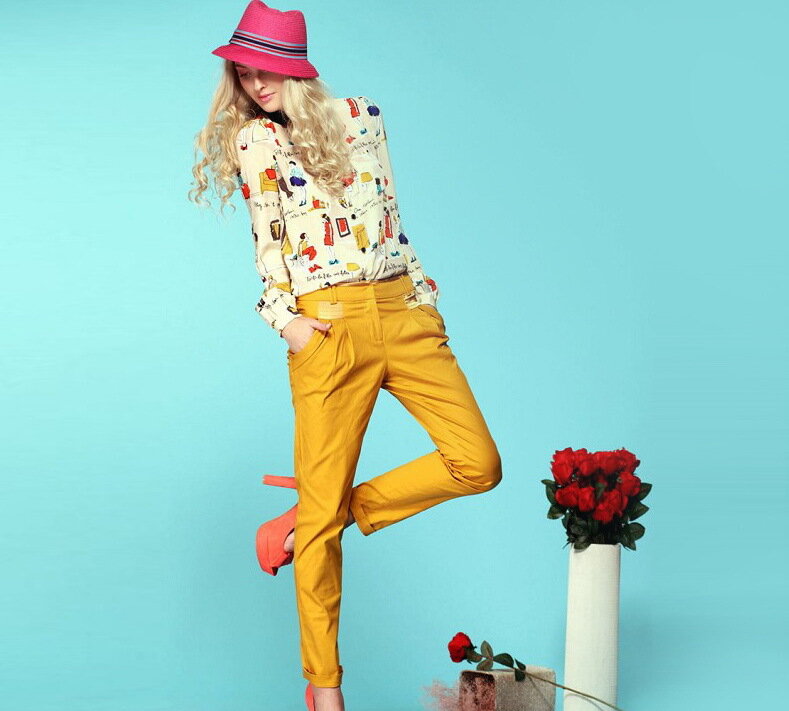 새로운 라펠 칼라 버튼 귀여운 프린트 쉬폰 긴 소매 여성 셔츠 탑 블라우스