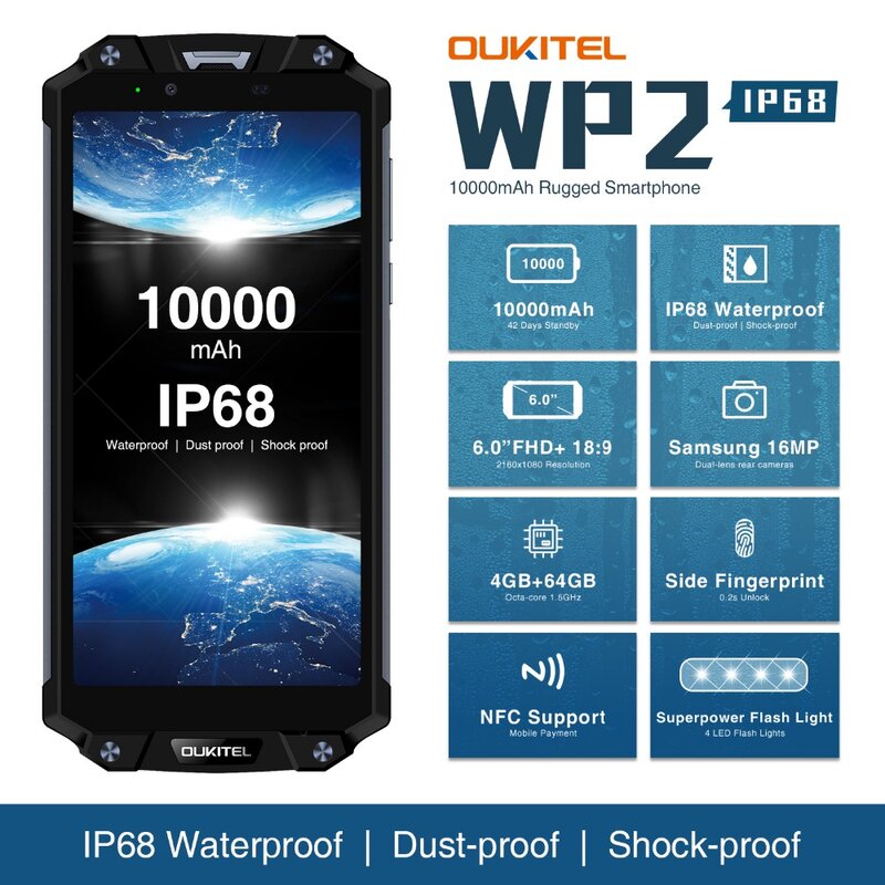 OUKITEL WP2 IP68 wodoodporna odporna na wstrząsy telefon komórkowy 4GB 64GB MT6750T octa core 6.0 "18:9 10000mAh odcisk palca Smartphone