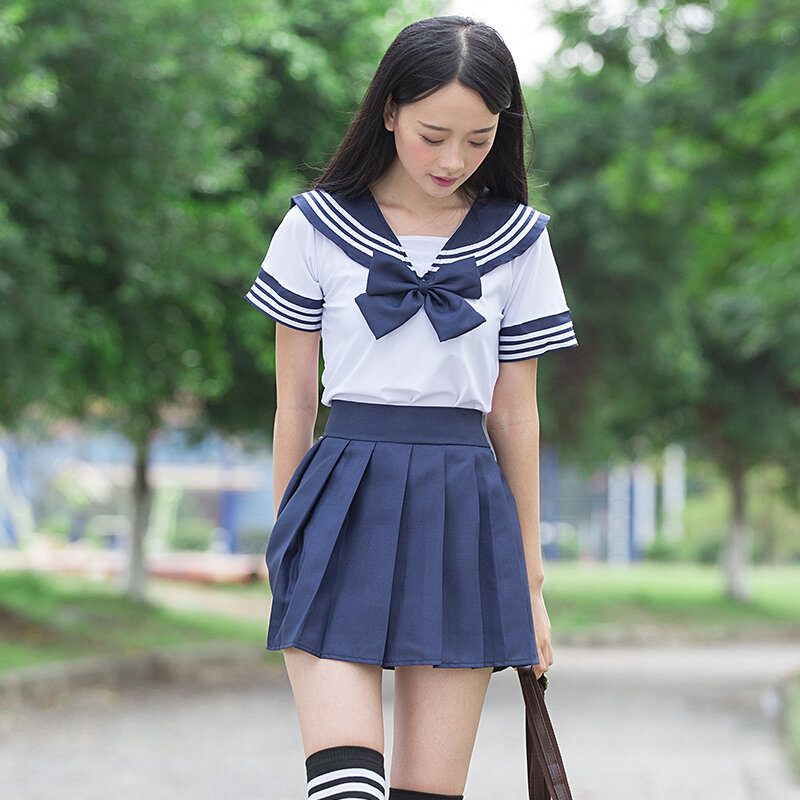 sailor suit school uniform sets JK school uniforms for girls white shirt and dark blue skirt suits student Cosplay