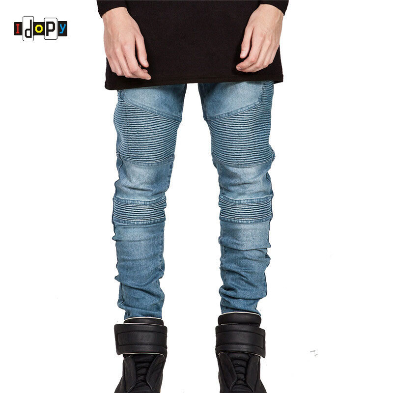 Idopy-pantalones vaqueros elásticos de estilo Hip Hop para hombre, Jeans ajustados para motociclista, rasgados, Vintage