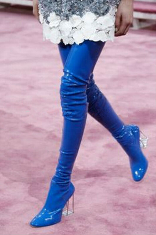 Mulher bonita coxa botas altas perspex saltos altos sobre o joelho sapatos de celebridade saltos claros azul vermelho preto tamanho 35-42