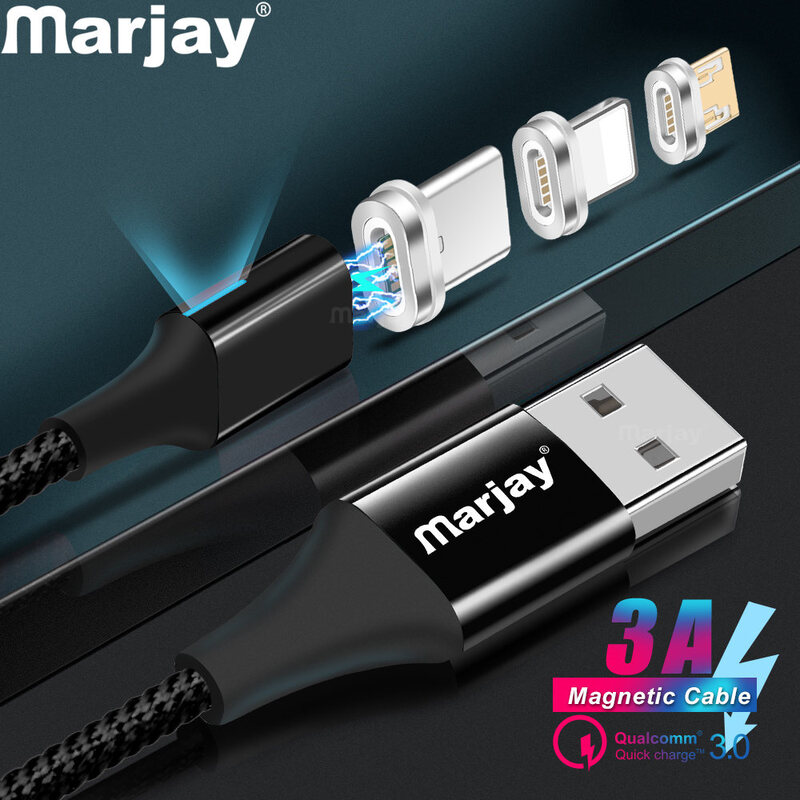 Marjay 3A Fast Charging Magnetic Cable Micro USB Type C Cable For iPhone XR XS Samsung S9 S10 Xiaomi Huawei USB-C Charger Cable