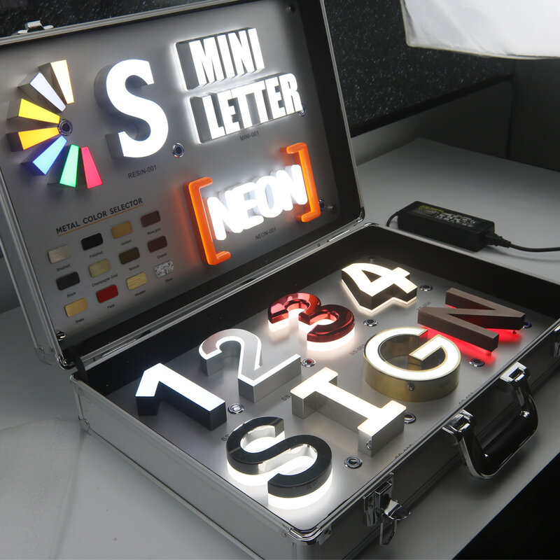 Boîte d'échantillon de lettres de signe LED, lettre de canal 3D en acier inoxydable, enseigne de magasin