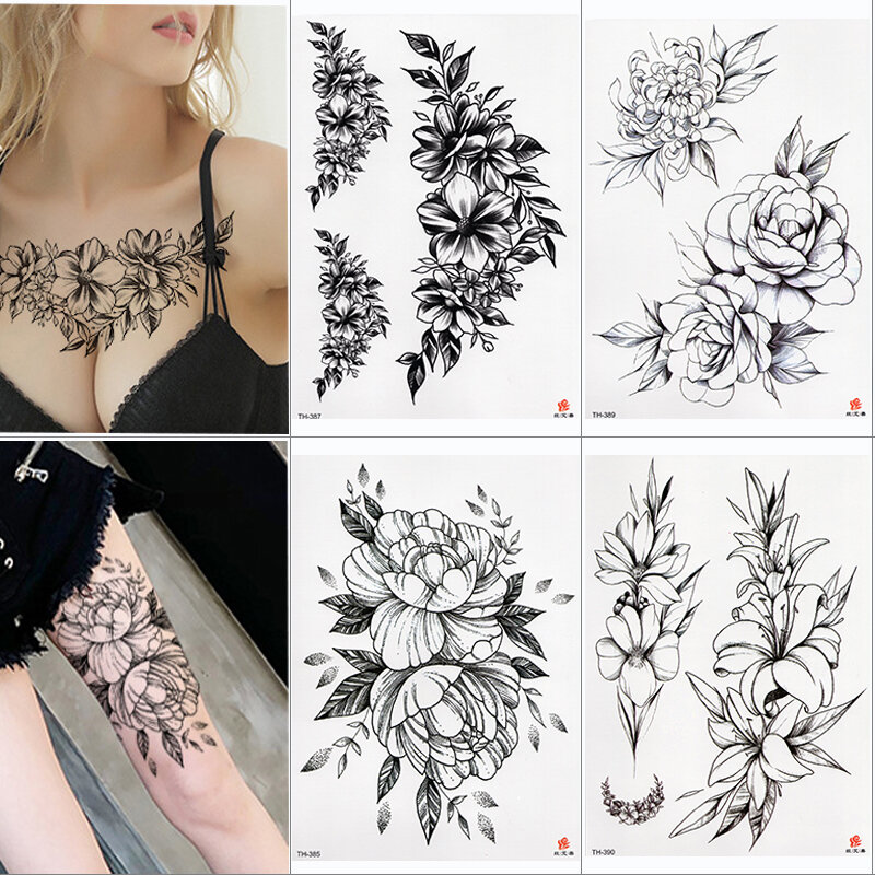 Pegatina de tatuaje temporal a prueba de agua, patrón de rosa de loto, transferencia de agua debajo del pecho, hombro, flor, arte corporal, tatuaje falso