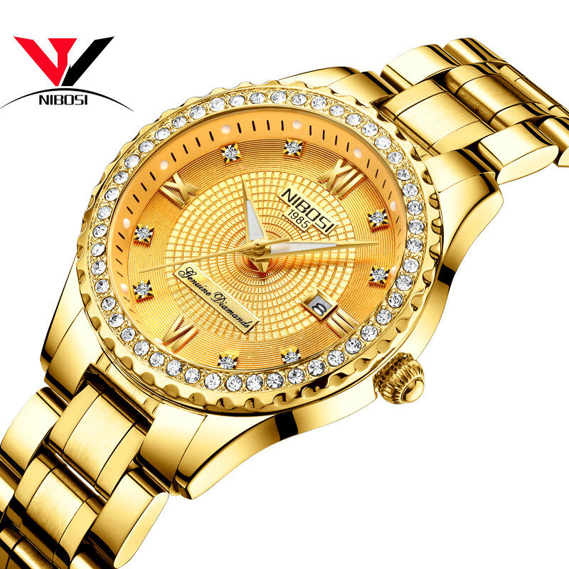NIBOSI – montre de luxe pour femmes, en acier inoxydable, avec cristal, Quartz, or, 2018