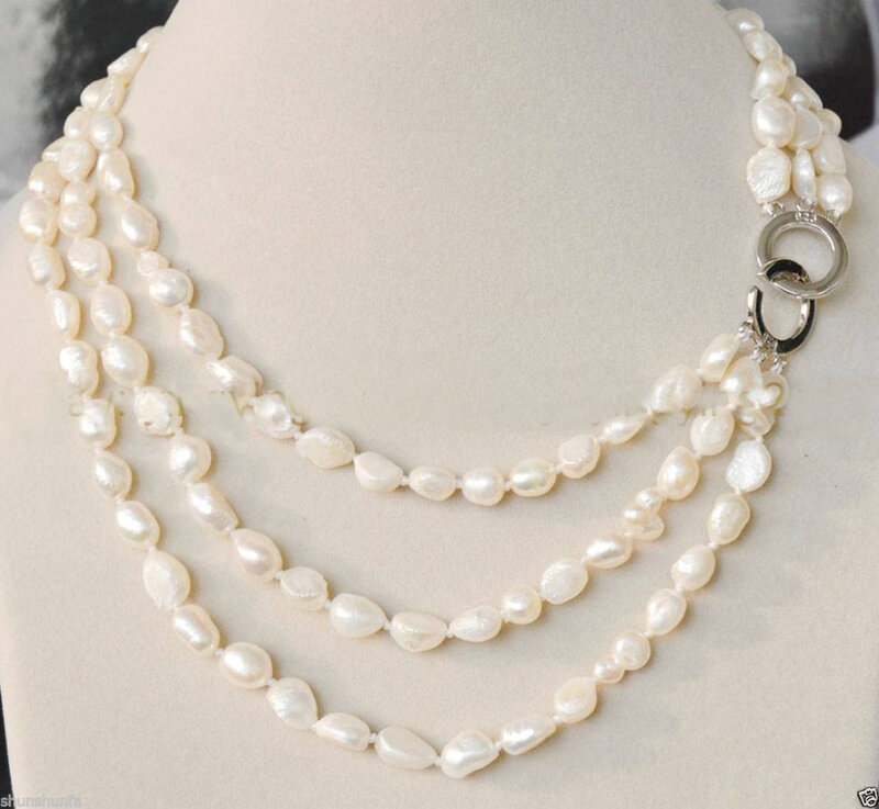 Collar de perlas blancas de agua dulce, 3 filas, 7-8mm, auténtico barroco, 17-20"