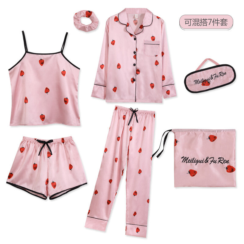 Conjunto de pijama rosa para mujer, ropa de dormir con tirantes, lencería de seda satinada, ropa de casa, 7 piezas