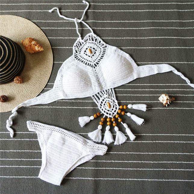 2019 Female Women Intimates Bra Set Underwear Dreamcatcher Bohemian Handmade Knitted Sexy Split Fringed