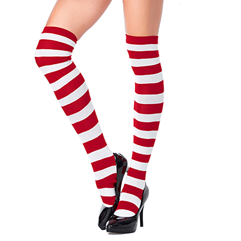 Calcetines largos rojos y blancos de Navidad sobre la rodilla calcetines COSPLAY anime ancho a rayas calcetines de mujer