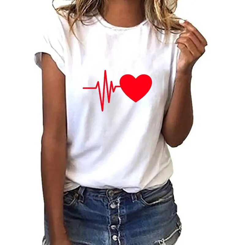 Camiseta holgada de manga corta con estampado de corazón para mujer, estilo coreano, manga larga, cuello redondo, Top femenino de talla grande, ropa informal simple