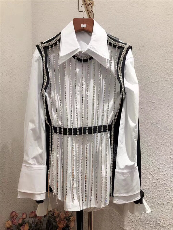 Cakucool-Blusa Bling de corrente de diamantes feminina, camisa branca de manga longa, blusa chique oca, tops coreanos, nova
