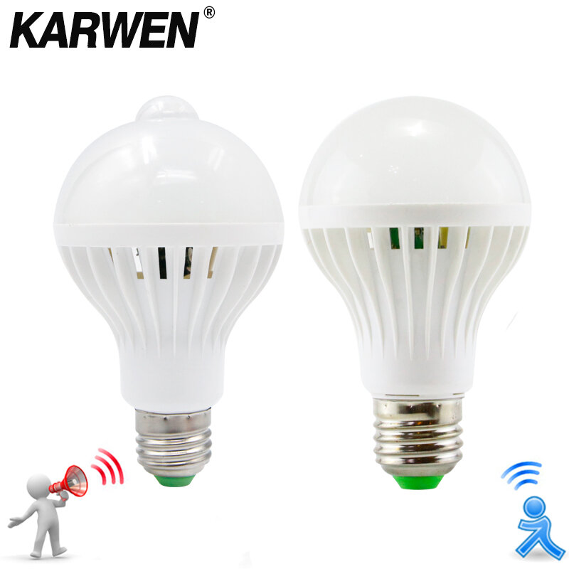 KARWEN-bombilla LED con Sensor de movimiento PIR/sonido inteligente, lámpara de inducción E27, 3W, 5W, 7W, 9W, 12W, CA 220V, luz de pasillo y escalera