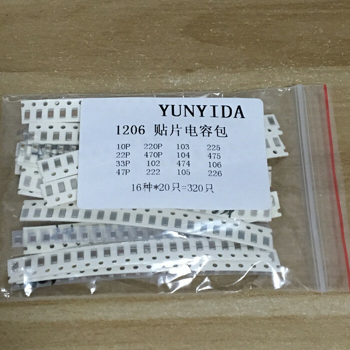 Kit surtido de condensadores SMD 1206, 16 valores x 20 piezas = 320 piezas, kit de muestras 10PF-22UF