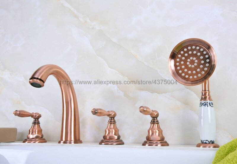 Grifo de baño con bañera de mezclador de ducha de mano, 5 agujeros, 3 manijas, cobre rojo antiguo, extendido, Ntf236
