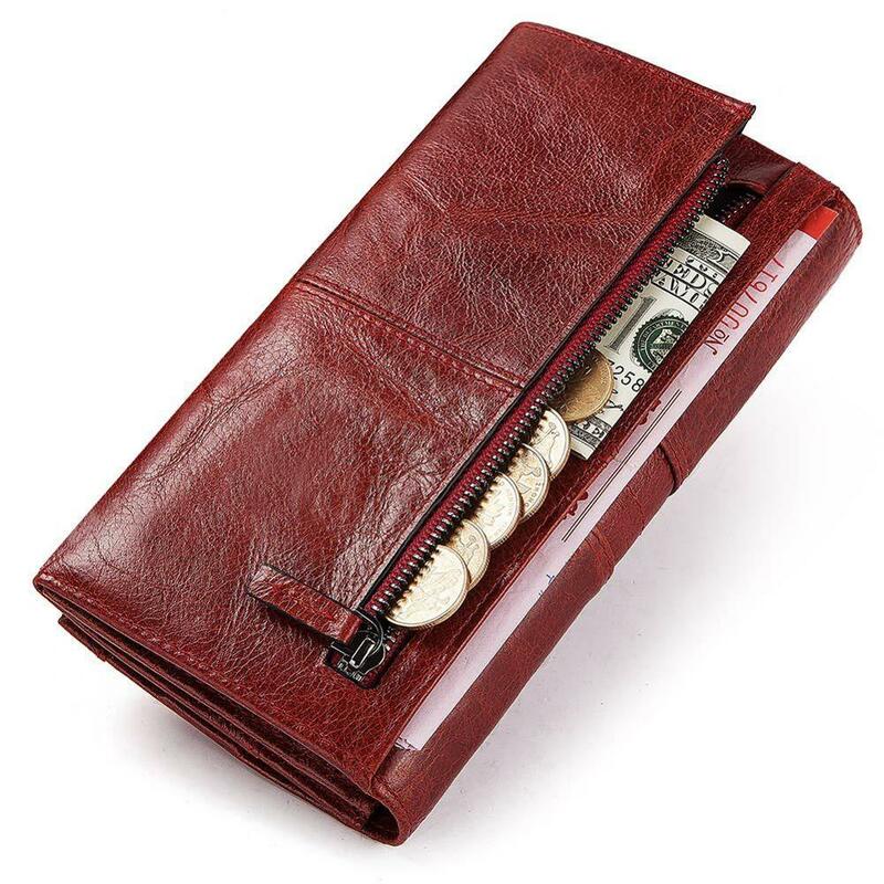Carteira feminina de couro genuíno, carteira longa rfid de alta qualidade bolsa de mão casual e macia para cartões, capa para celular e passaporte