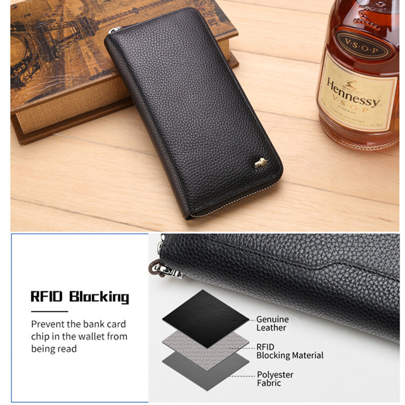 BISON DENIM portafoglio in vera pelle di marca RFID blocco pochette portafoglio porta carte portamonete cerniera portafogli lunghi maschili N8195