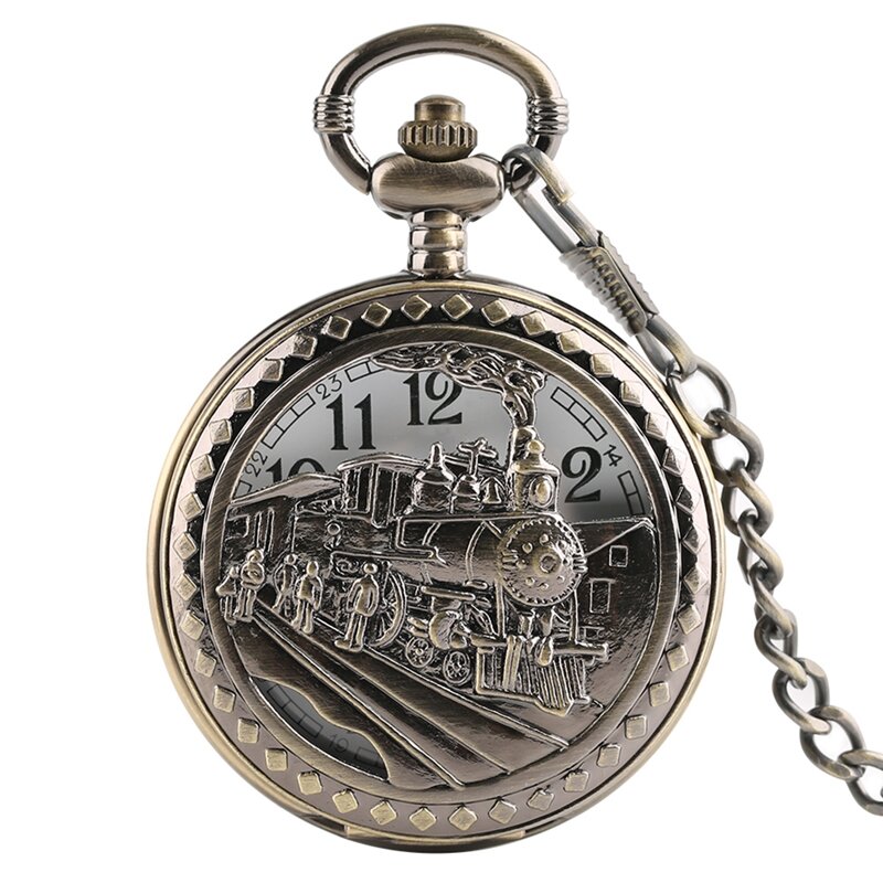 Antique Bronze หัวรถจักรแกะสลักรถไฟควอตซ์นาฬิกาพ็อกเก็ตนาฬิกา Vintage สร้อยคอจี้โซ่ของขวัญผู้ชายผู้หญิง Dropship