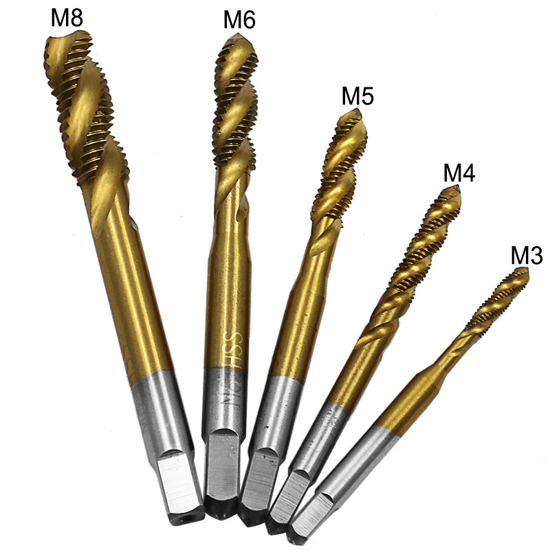 Grifo de rosca recubierto de titanio, taladro métrico Hss, máquina estriada en espiral, M3, M4, M5, M6, M8, grifos puntiagudos en espiral