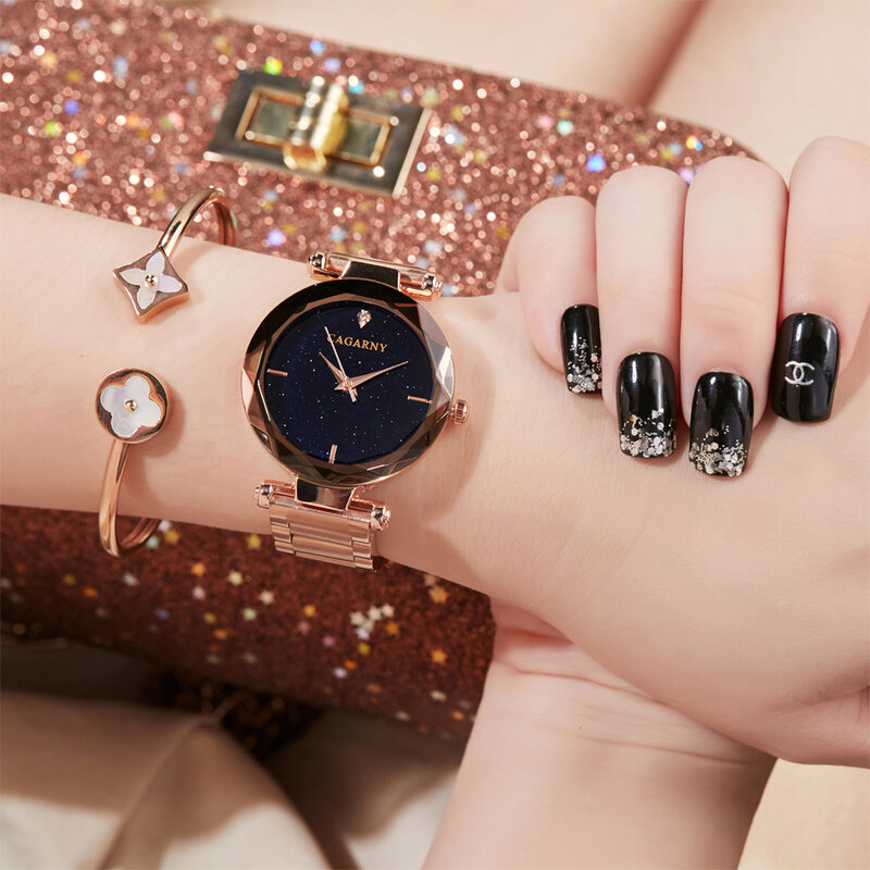 Cagarny роскошные бриллиантовые женские наручные часы, женские часы с браслетом из розового золота и стали, кварцевые часы звездного неба, женские часы Reloj Mujer
