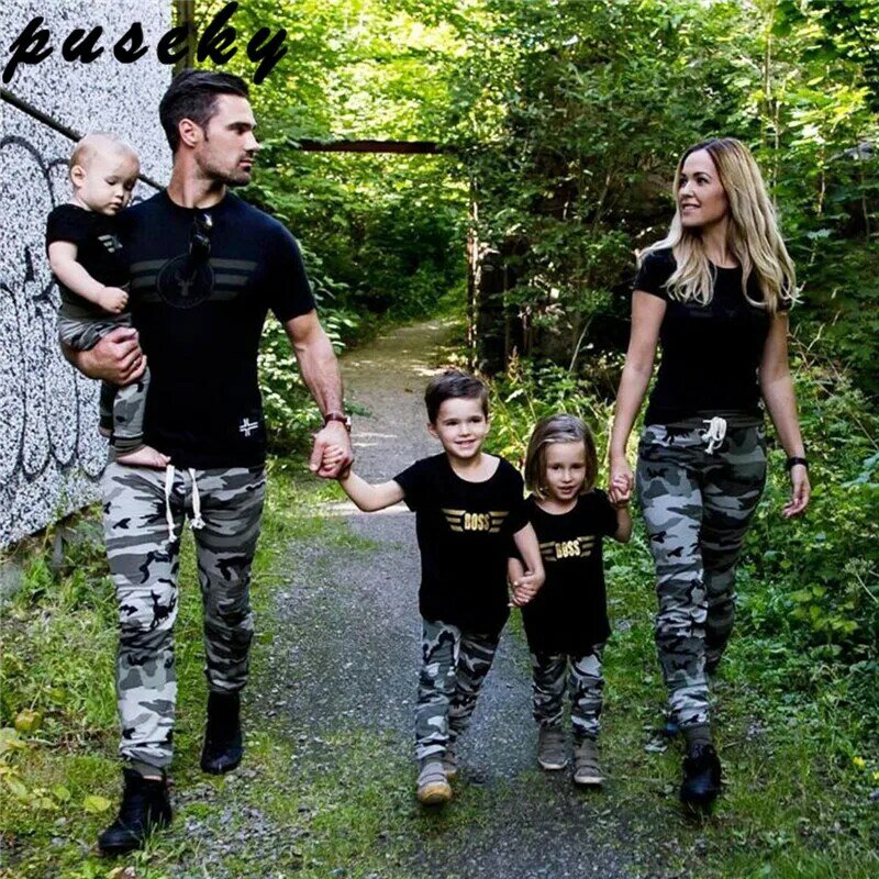 Puseky Cool Summer Family Shirt Sets Camouflage Fashion Short-Sleeve Army Green T-shirt New Family Matching Shirts Plus Size