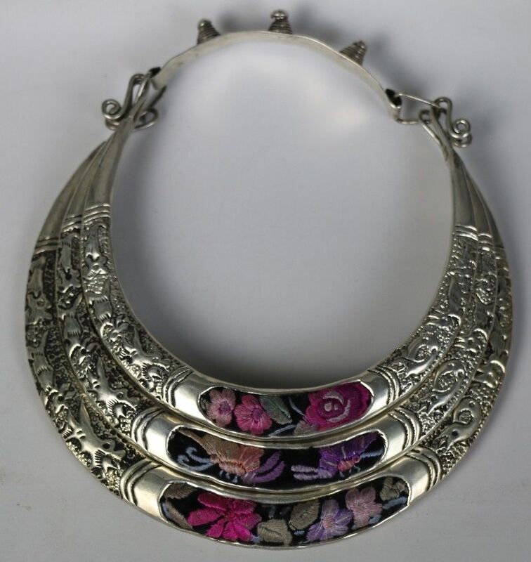 Plemienna chińska mniejszość ludowa stary haft ręczny miao srebrny naszyjnik z 3 pierścieniami