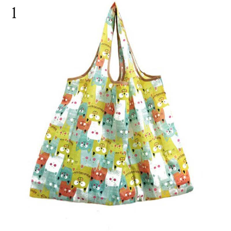 Bolsas de compras plegables para mujer, bolso de mano reutilizable con dibujos animados de gatos, frutas y verduras, a rayas, gran calidad