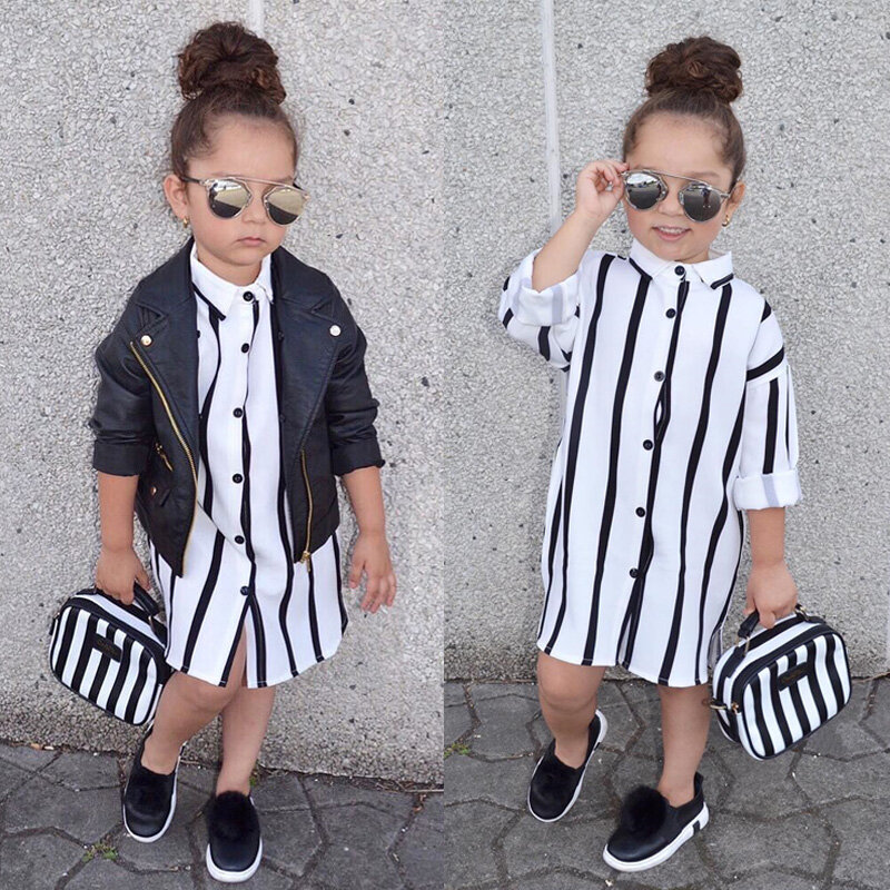2019 New Casual Long Sleeve Buttons Shirt Dresses Striped Girls Kids Dress Clothes 1-6Y