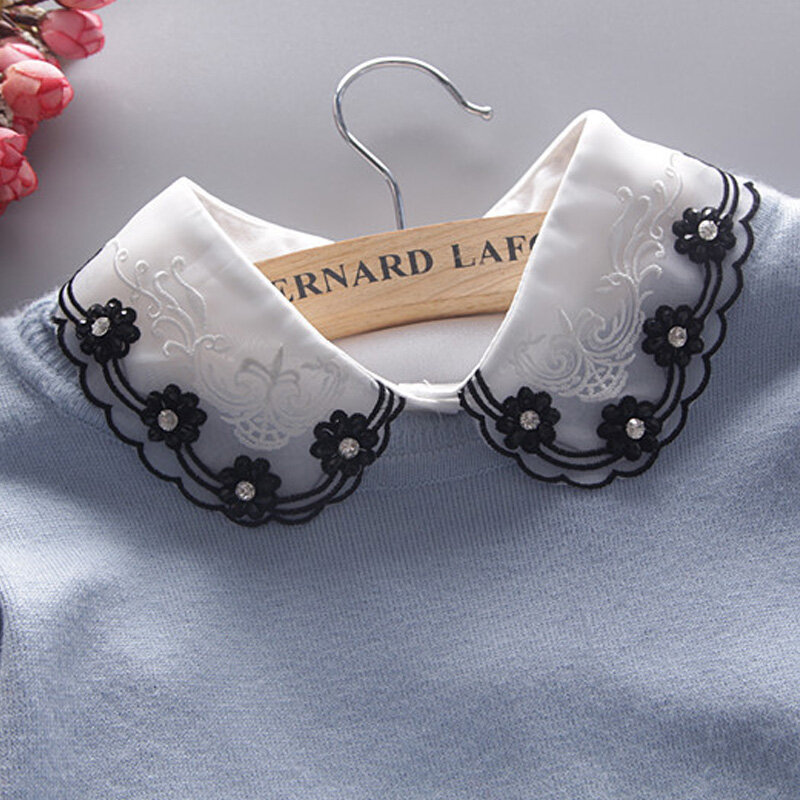 Collier brodé en coton noir/blanc pour femme, fausse perle de fleur littéraire, couleur unie, jolie dentelle ajourée