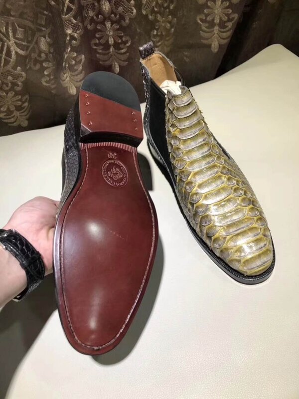 Zapato de piel de pitón/serpiente para hombre, zapato de moda de ocio, sólido y duradero, color amarillo, 100% auténtico