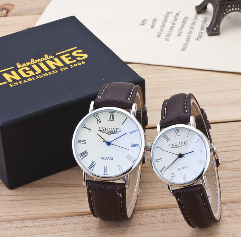 2 pçs moda casais relógio masculino mulher relógios pulseira de couro quartzo relógios de pulso senhoras luxo casal relógio dia dos namorados presente