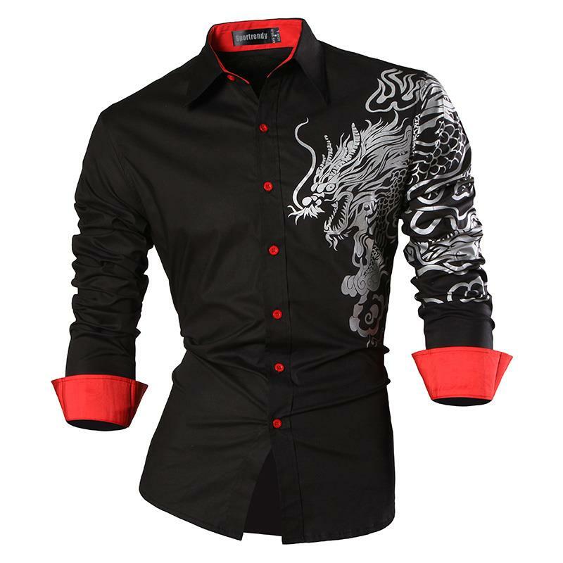 Sporfashion Мужская Рубашка-Платье Повседневная модная стильная рубашка с длинным рукавом Дракон JZS041