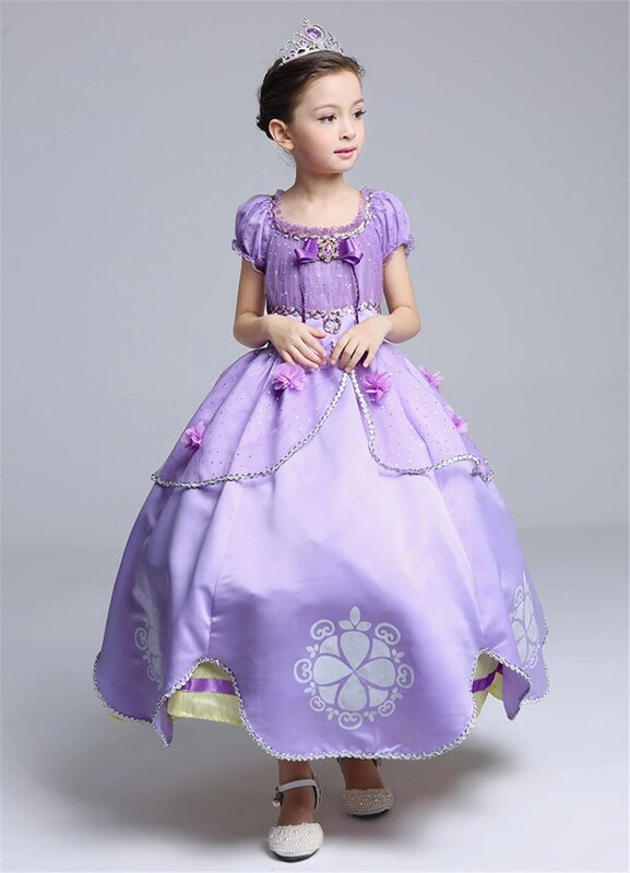 Christmas Girls Princess Sofia Dress Floor Length Carnival Disguise Child Sophia Costume 5 Layers Purple Floor Length Ball Gown