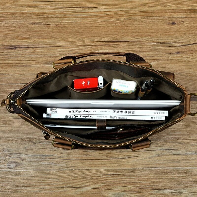 Thick Bull Leather Antique Business Briefcase 15.6" Laptop Case For Men Attache Portfolio One Shoulder Messenger Bag B260