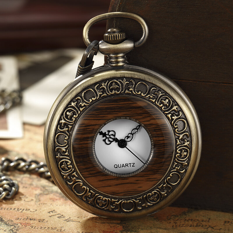 Relógio de bolso mecânico de madeira maciça para homens e mulheres, FOB, medalhão de corrente, mostrador oco, esqueleto steampunk, relógio masculino, pacote de caixa