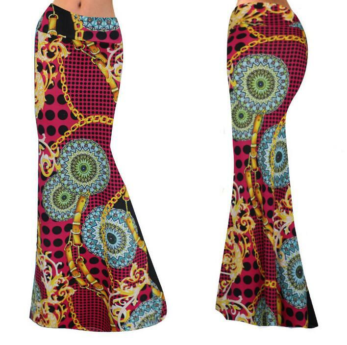 2019 áfrica vestuário tradicional estilos impresso longo chiffon saia de cintura alta para a mulher