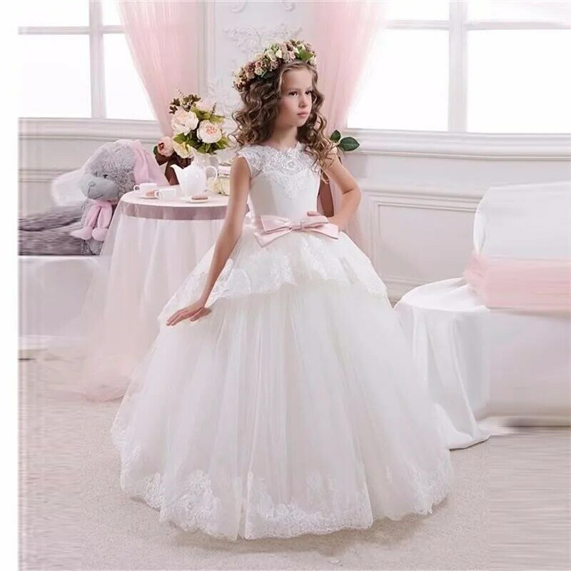 Vestido de princesa de flores para niña, vestidos de flores de encaje blanco marfil con cinturón, longitud hasta el suelo, vestido de primera comunión para niña 2018