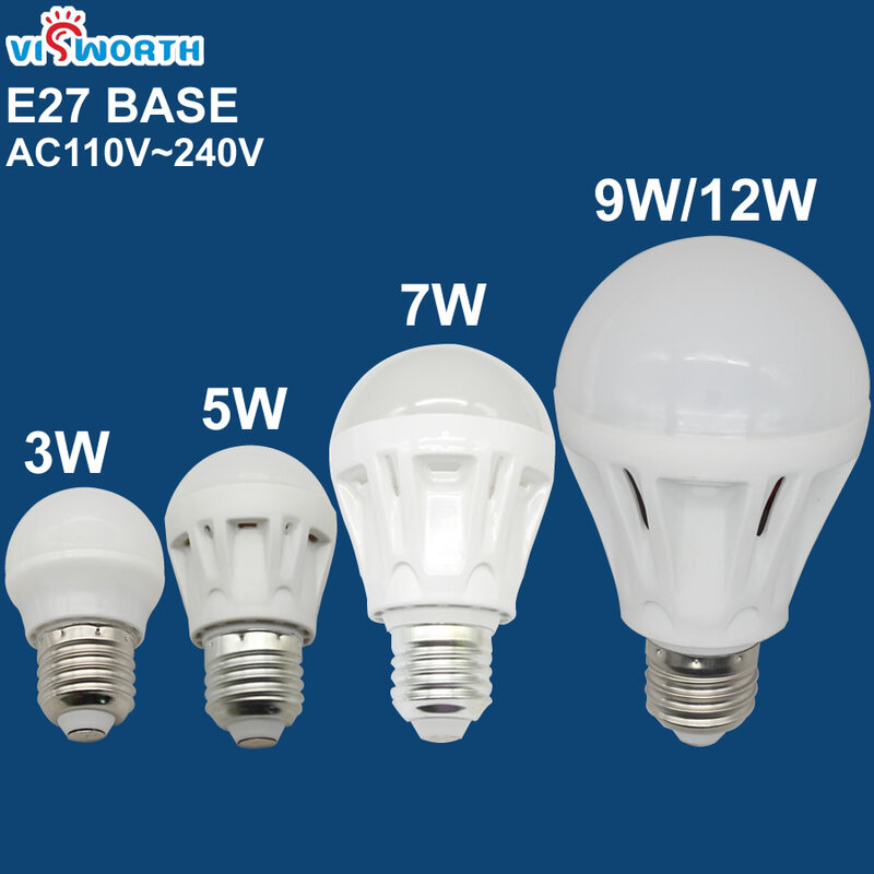 Visworth e27 lâmpadas led 3 w 5 7 9 12 diodo emissor de luz ac 110 v 220 v 240 v smd2835 casa lâmpada led quente branco frio holofotes