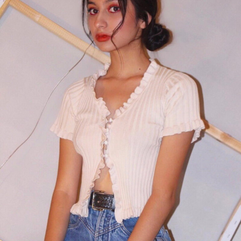 2019 Summer Women Harajuku Knitted Short Ruffles Sleeve Shirt Crop Top Sexy Street Wear Femme Short Sleeve Funny T Shirt