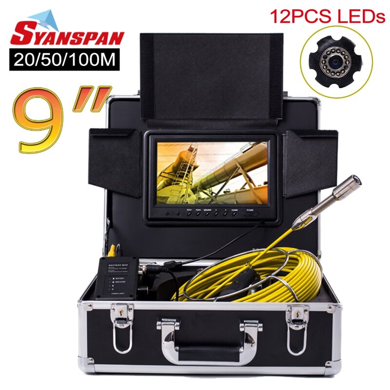 SYANSPAN 9" Monitor 20/50/100M Pipe Inspection Video Camera,IP68 HD 1000TVL Drain Sewer Pipeline Industrial Endoscope System