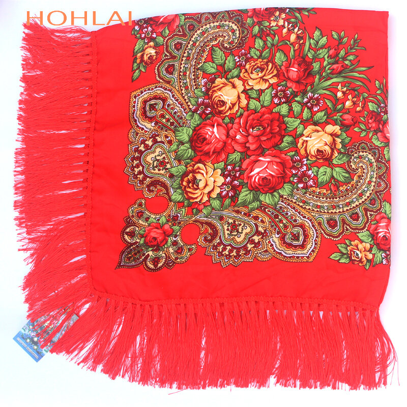 Marca de lujo de estilo Retro de algodón de impresión pañuelos oversize mantas cuadradas rusas mujeres de la boda borla bufanda chal de otoño