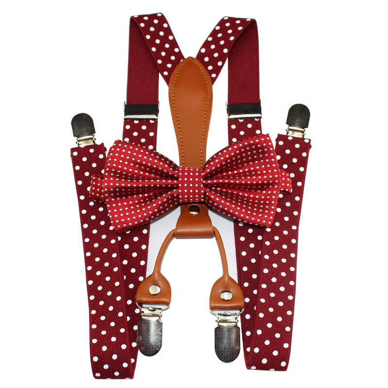 Yienws Polka Dot Bow Tie Suspenders สำหรับผู้ชายผู้หญิง 4 คลิปหนัง Suspensorio ผู้ใหญ่ Bowtie วงเล็บสำหรับกางเกง Navy RED yiA119
