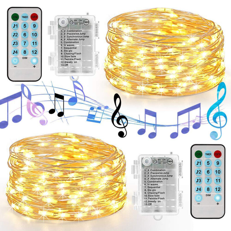 Battery Operated Music String Lights para Decoração de Casa, USB Operado, Som Ativado, 5m, 10m, Fio De Prata, Guirlanda, Natal, Festa De Casamento