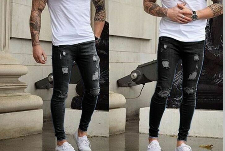 New Men Ripped holes Denim jeans 2020 skinny blue Jeans Trousers for Man slim fit with Pleated Washed streetwear jeans pants men