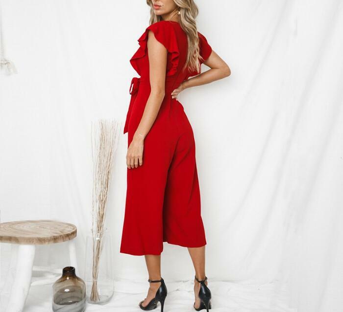 Casual zomer jumpsuit sexy v-hals red backless sexy jumpsuits vrouwen rompertjes mouwloos bow tie ruches overalls playsuit