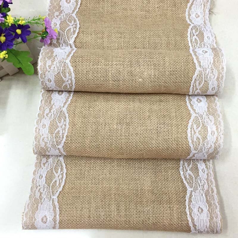 HAZY Burlap Table Runner Vintage Natural Jute Linen Lace Table Runners Wedding Christmas Dining Room Home Decoration