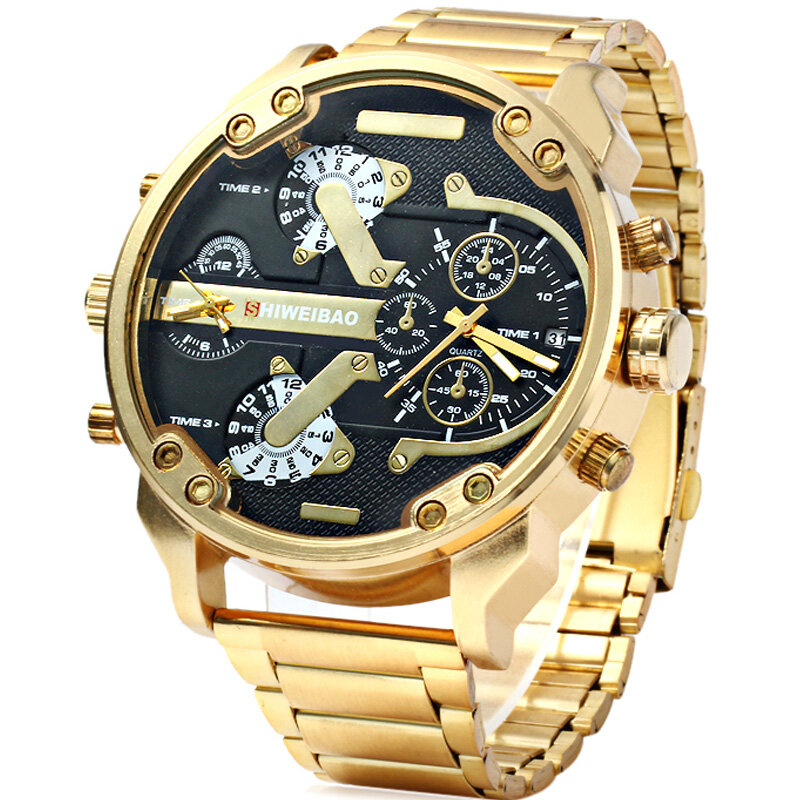 Shiweibao-Relógio de pulso de aço inoxidável masculino, faixa dourada, quartzo, luxo, militar, XFCS, novo, D3137