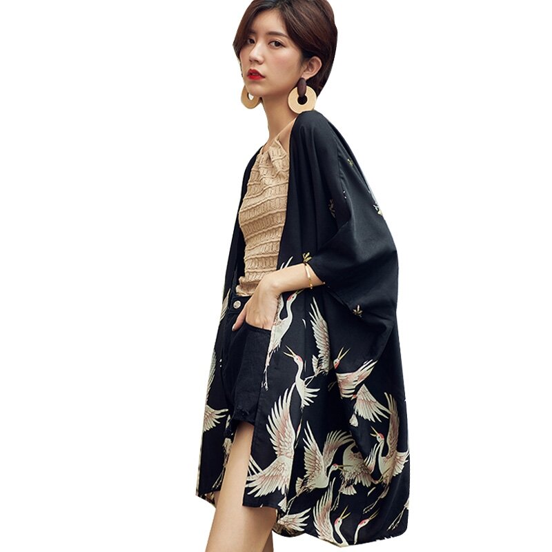 Kimono cardigan pour femmes, streetwear japonais, hauts, chemises longues pour dames, blouse d'été, DZ011, collection 2019
