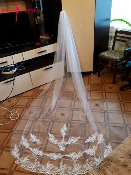 Bruids-Veils Lace-Edge Bruiloft Accessoires Lange Kathedraal Tulle Applicaties 2021 Wedding-Veils Met Kam Veu De noiva Longo