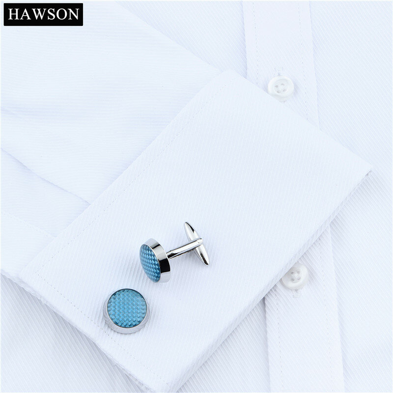 HAWSON-gemelos de fibra de carbono azul para camisa de hombre, de alta calidad, con botón, envío gratis